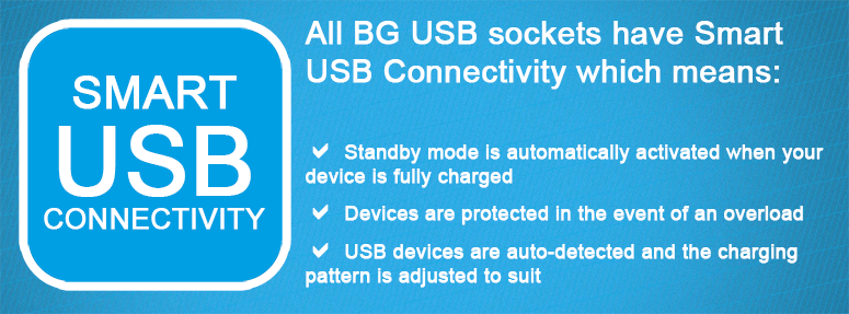 Smart USB Connectivity - All BG USB sockets have Smart USB Connectivity which means: standby mode is automatically activated when your device is fully charged, devices are protected in the event of an overload and USB devices are auto-detected, and the charging pattern is adjusted to suit.