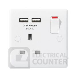 BG Electrical 821U2 Moulded White Round Edge 1 Gang 13A 1 Pole 2x USB-A 2.1A Switched Socket image