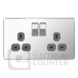 BG Electrical FPC22G Nexus Flatplate Screwless 5 Pack Polished Chrome 2 Gang 13A 2 Pole Switched Socket - Grey Insert (5 Pack, 6.53 each) image