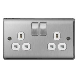 BG NBS22W Nexus Metal Brushed Steel 2 Gang 13A Switched Socket - White Insert