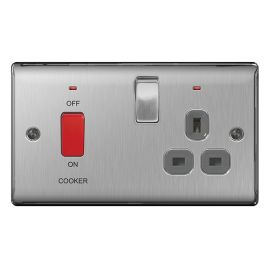 BG NBS70G Nexus Metal Brushed Steel 45A 2 Pole Cooker Switch 13A Neon Switched Socket - Grey Insert image