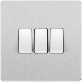 BG PCDBS43W Brushed Steel Evolve 3 Gang 20A 16AX 2 Way Light Switch - White Insert image