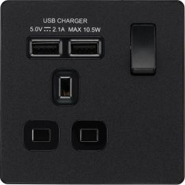 BG PCDMB21U2B Matt Black Evolve 1 Gang 13A 2x USB-A 2.1A Switched Socket Outlet - Black Insert