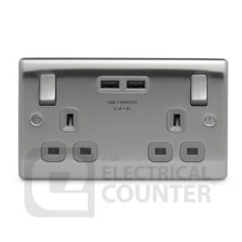 BG Electrical USBeautiful NBS22U3G Nexus Metal Double Switched Plug Socket Brushed Stainless Steel Grey Insert 2 USB 3.1A image
