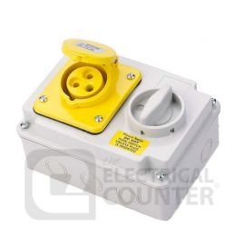 Deligo ILS110-32  Yellow Industrial Three Pin Socket & Interlocking Switch IP44 32A 110V image