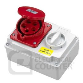 Deligo ILS415-16  Red Industrial Five Pin Socket & Interlocking Switch IP44 16A 415V