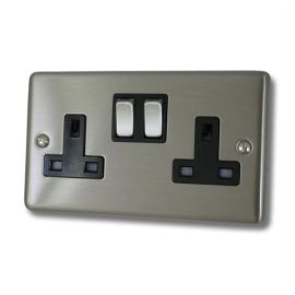 G and H Electrical CSS310 Contour Brushed Steel 2 Gang 13A Satin Chrome Switched Socket - Black Insert
