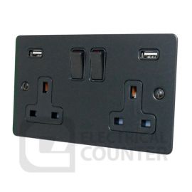 Flat Plate Matt Black Double 2 Gang Switched Socket 13 Amp with 2xUSB image