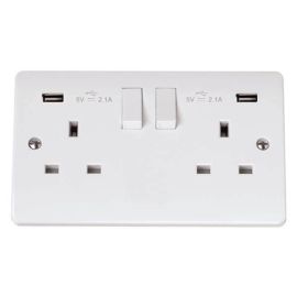 Click CMA780 White Plastic Mode 2 Gang 13A 2x USB-A 4.2A Twin Earth 1 Pole Switched Socket image