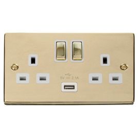 Click VPBR570WH Deco Polished Brass Ingot 2 Gang 13A 1x USB-A 2.1A Switched Socket - White Insert image