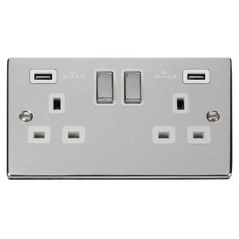Click VPCH580WH Deco Polished Chrome Ingot 2 Gang 13A 2x USB-A 4.2A Switched Socket - White Insert