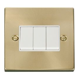 Click VPSB013WH Deco Satin Brass 3 Gang 10AX 2 Way Plate Switch - White Insert