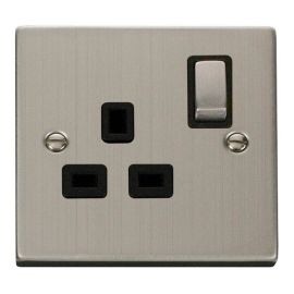 Click VPSS535BK Deco Stainless Steel Ingot 1 Gang 13A 2 Pole Switched Socket - Black Insert