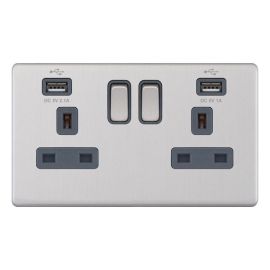 Selectric 5MPLUS-161 5M-PLUS Screwless Satin Chrome 2 Gang 13A 1 Pole 2x USB-A 3.1A Switched Socket - Grey Insert image