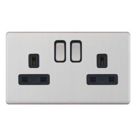 Selectric 5MPLUS-222 5M-PLUS Screwless Satin Chrome 2 Gang 13A 2 Pole 2 Earth Terminal Switched Socket - Black Insert image