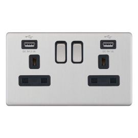 Selectric 5MPLUS-261 5M-PLUS Screwless Satin Chrome 2 Gang 13A 1 Pole 2x USB-A 3.1A Switched Socket - Black Insert image