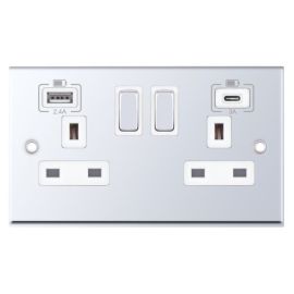 Selectric 7MPRO-363 7M-PRO Screwed Polished Chrome 2 Gang 13A 1x USB-A 2.4A 1x USB-C 3A Switched Socket - White Insert