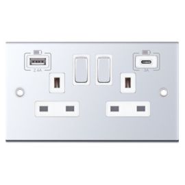 Selectric DSL363 5M Polished Chrome 2 Gang 13A 1x USB-A 2.4A 1x USB-C 3A Switched Socket - White Insert