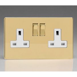 Varilight XDV5WS Screwless Polished Brass 2 Gang 13A Double Pole Switched Socket - White Insert