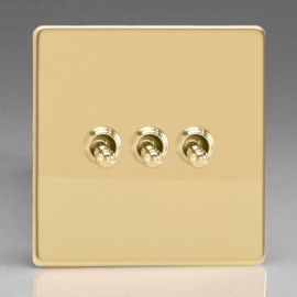 Varilight XDVT3S Screwless Polished Brass 3 Gang 10A 1- or 2-Way Toggle Switch