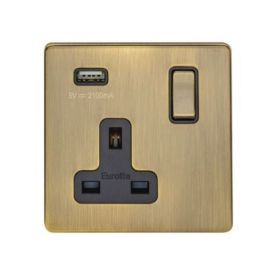 Eurolite AB1USBB Concealed 3mm Screwless Antique Brass 1 Gang 13A 1x USB-A 2.1A Switched Socket image