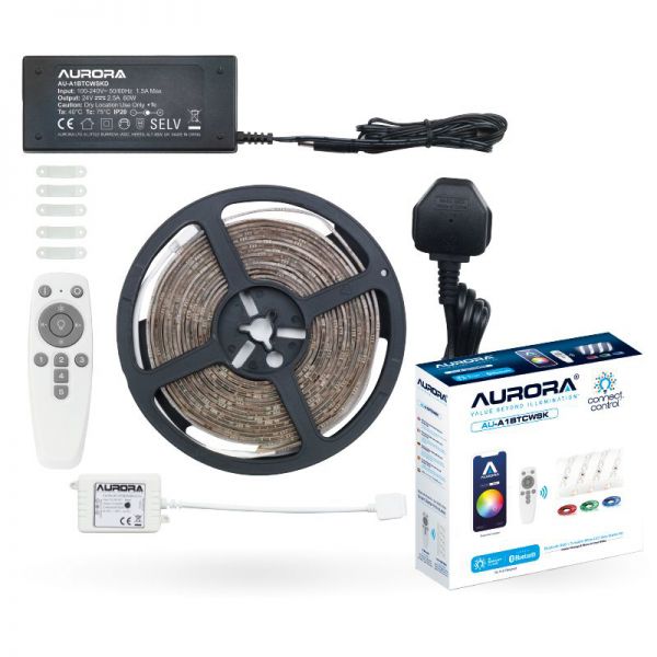 Aurora Lighting AU-A1BTCWSK4 Connect.Control Smart RGBCX LED Strip Starter Kit w- 3m Strip andamp; Remote