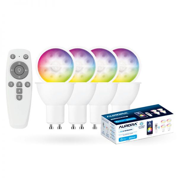 Aurora Lighting AU-A1BTGUCWK Connect.Control Smart RGBCX GU10 4W LED Lamps Starter Kit w- Remote