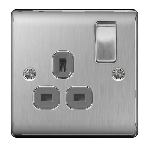 Watch a video of the BG NBS21G Nexus Metal Brushed Steel 1 Gang 13A Switched Socket - Grey Insert