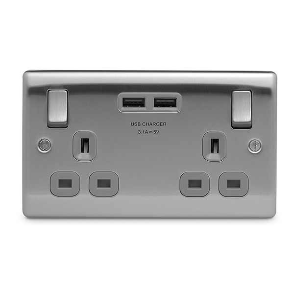Watch a video of the BG NBS22U3G Nexus Metal Brushed Steel 2 Gang 13A 2x USB-A 3.1A Switched Socket - Grey Insert