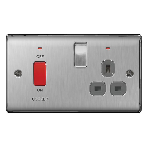 Watch a video of the BG NBS70G Nexus Metal Brushed Steel 45A 2 Pole Cooker Switch 13A Neon Switched Socket - Grey Insert