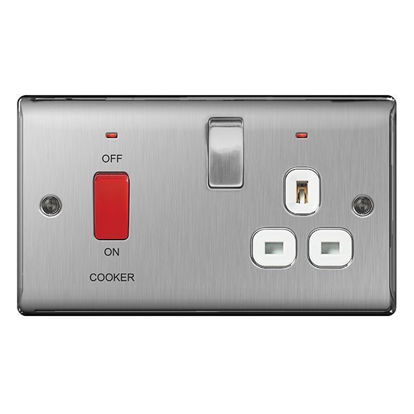 Watch a video of the BG NBS70W Nexus Metal Brushed Steel 45A 2 Pole Cooker Switch 13A Neon Switched Socket - White Insert