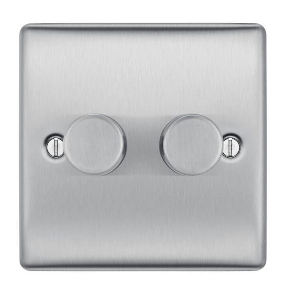 Watch a video of the BG NBS82 Nexus Metal Brushed Steel 2 Gang 200W 2 Way Trailing Edge Push Type Dimmer Switch