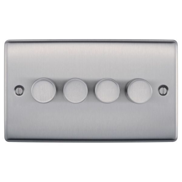 Watch a video of the BG NBS84 Nexus Metal Brushed Steel 4 Gang 200W 2 Way Trailing Edge Push Type Dimmer Switch