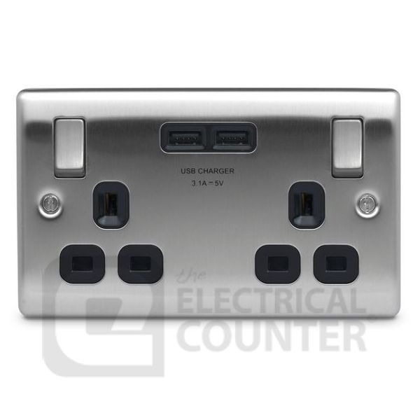 BG Electrical USBeautiful NBS22U3B Nexus Metal Double Switched Plug Socket Brushed Stainless Steel Black Insert 2 USB 3.1A