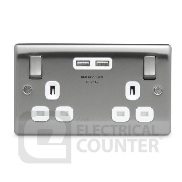 BG Electrical USBeautiful NBS22U3W Nexus Metal Double Switched Plug Socket Brushed Stainless Steel White Insert 2 USB 3.1A
