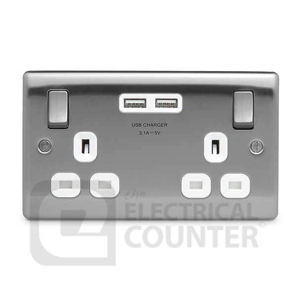 BG Electrical USBeautiful NBS22U3W Nexus Metal 5 Pack Double Switched Plug Socket Brushed Stainless Steel White Insert 2 USB 3.1A (5 Pack, 17.75 each)