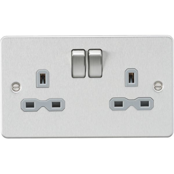 Knightsbridge FPR9000BCG Flat Plate Brushed Chrome 2 Gang 13A 2 Pole Switched Socket - Grey Insert