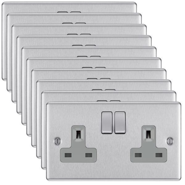 Matrix 10 Pack MT2GSKTBSG Brushed Steel 2 Gang 13A Switched Socket (10 Pack, 4.50 each)