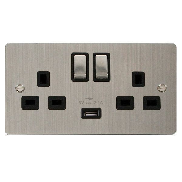 Click FPSS570BK Define Stainless Steel Ingot 2 Gang 13A 1x USB-A 2.1A Switched Socket Outlet - Black Insert