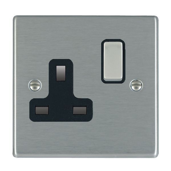 Hamilton 74SS1SS-B Hartland Satin Steel 1 Gang 13A 2 Pole Switched Socket - Steel and Black Insert