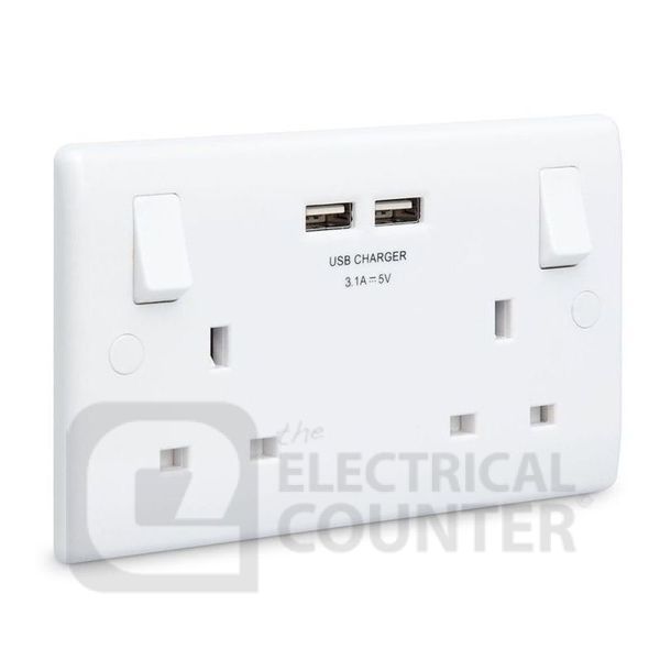 BG Electrical 822U3 Moulded White Round Edge 2 Gang 13A 2x USB-A 3.1A 1 Pole Switched Socket 