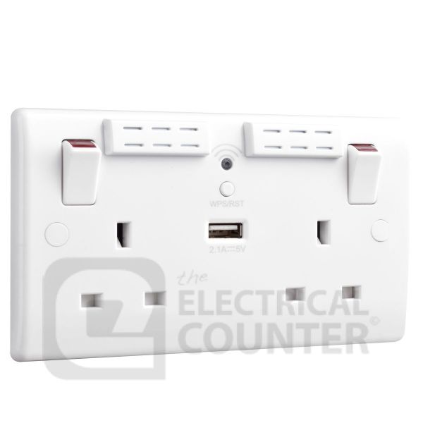 BG Electrical 822UWR Moulded White Round Edge 2 Gang 13A 1x USB-A 2.1A Wi-Fi Range Extender 1 Pole Switched Socket