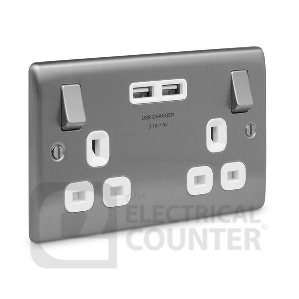 BG Electrical USBeautiful NBS22U3W Nexus Metal Double Switched Plug Socket Brushed Stainless Steel White Insert 2 USB 3.1A