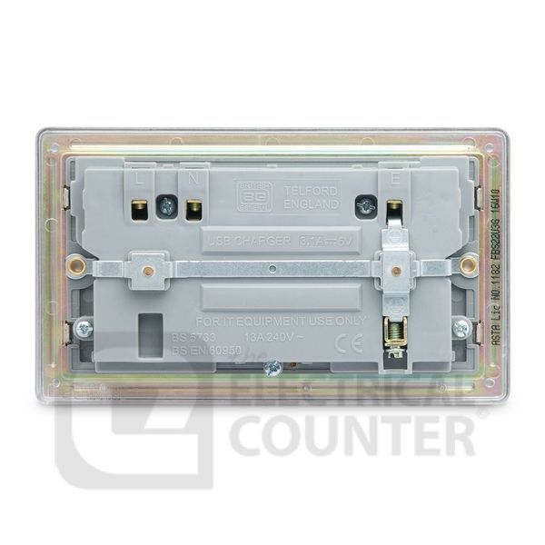 BG Electrical FBS22U3G Nexus Flatplate Screwless 5 Pack Brushed Steel 2 Gang 13A 1 Pole 2x USB-A 3.1A Switched Socket - Grey Insert (5 Pack, 15.41 each)