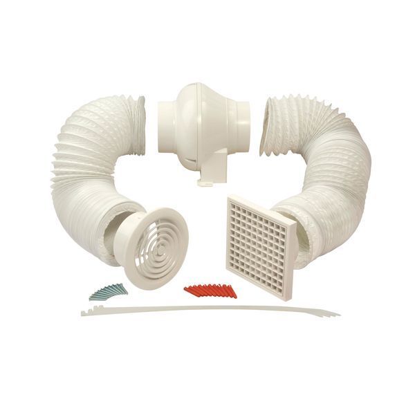100mm 4" InLine Centrifugal Fan Kit, Timer, PVC Ducting, Wall Grilles